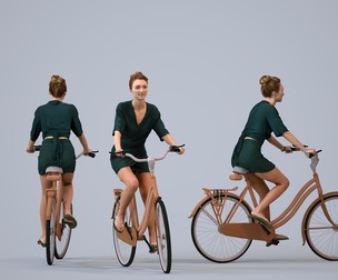 00559_Maghan002 Adult Caucasian woman cycling through public space in summer casual attire