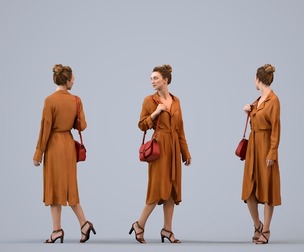 00561_Maghan005 Adult Caucasian woman walking through public space carrying bag, transitional attire