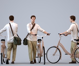 00562_Jason016 Adult Caucasian man walking with bicycle and bag in transitional seasonal clothing