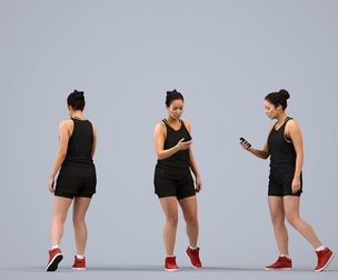 00568_Nicole004 Adult Caucasian woman walking in athletic wear holding smartphone