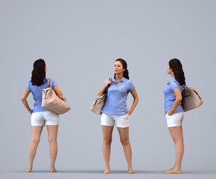 00570_Nicole019 Adult Caucasian woman waiting in public space with bag, summer casual attire