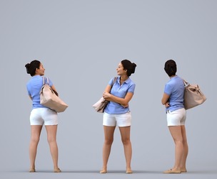 00570_Nicole011 Adult Caucasian woman waiting in public space with bag, summer casual attire