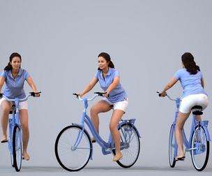 00570_Nicole001 Adult Caucasian woman cycling in casual summer attire for urban planning