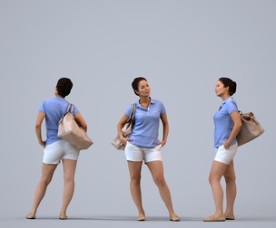 00570_Nicole009 Adult Caucasian woman waiting in public space with bag, casual summer attire