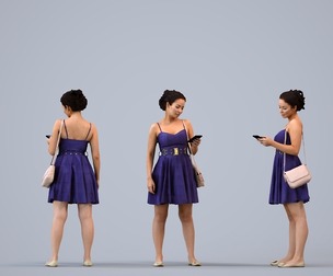 00572_Nicole007 Adult Caucasian woman standing in restaurant holding smartphone and bag