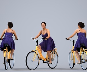 00572_Nicole001 Adult Caucasian woman commuting by bicycle in formal summer attire