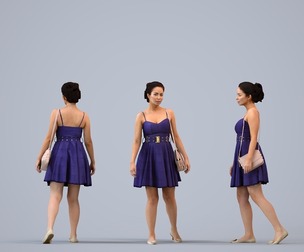 00572_Nicole006 Adult Caucasian woman walking restaurant area in formal summer attire carrying bag