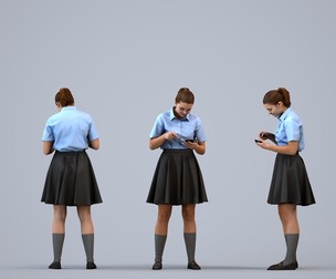 00581_Bella005 Teen Caucasian female standing in school with smartphone, transitional seasonal