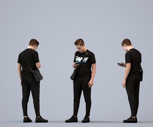 00586_Kyle006 Teen Caucasian male standing publicly with smartphone and bag in transitional clothing