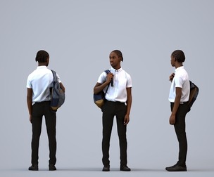 00591_Jimmy008 Teen Black male waiting at school entrance with backpack in transitional seasonal