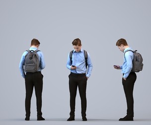 00592_Kyle003 Teen Caucasian male standing at school with smartphone and bag in transitional attire