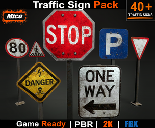 Traffic Sign Pack – 40+ Game Ready PBR Road Signs