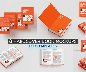 8 Hardcover Book Mockups PSD Templates, Flat Spine Book Bundle, Open, Closed Novel Editorial