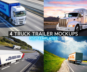 4 Truck Trailer Mockups PSD Templates, Premium Commercial Vehicle Wrap Bundle, Logistics Transport