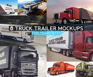 8 Truck Trailer Mockups PSD Templates, Premium Commercial Vehicle Wrap Bundle, Logistics Transport
