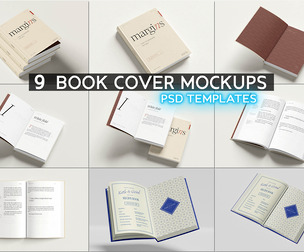 9 Book Cover Mockups PSD Templates, Premium Softcover Spread Bundle, Editorial Novel & Cookbook