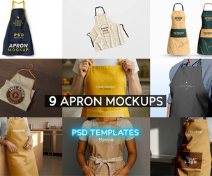 9 Apron Mockups PSD Templates, Premium Kitchen & Bistro Uniform Bundle, Luxury Chef Cafe Apparel