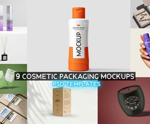 9 Cosmetic Packaging Mockups PSD Templates, Skincare Bottle, Box Bundle, Candle, Reed Diffuser