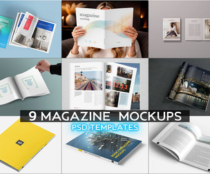 9 Magazine Mockups PSD Templates, Premium Letter Size Brochure Bundle, Open Spread & Cover Editorial