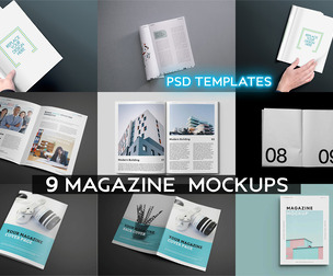 9 Magazine Mockups PSD Templates, Premium Softcover Brochure Bundle, Editorial Open Spread Layout