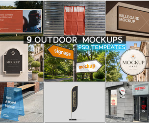 9 Outdoor Mockups PSD Templates, Premium Street Billboard & Signage Bundle, Luxury Cafe Shop Facade