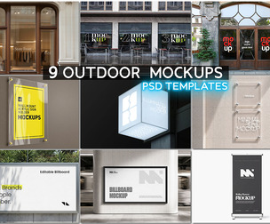 9 Outdoor Mockups PSD Templates, Storefront Facade & Signage Bundle, Luxury Wall Plaque Billboard