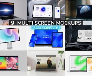 9 Multi Screen Mockups PSD Templates, Laptop Monitor & Phone Bundle, Responsive UI UX Website