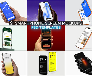 9 Smartphone Screen Mockups PSD Templates, Mobile Phone Device, Responsive iOS Android App UI UX