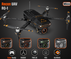 Game Ready Rigged Recon UAV Drone RQ-1 Quadcopter