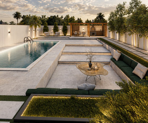 Modern Villa Landscape Backyard Design  Pool-Pergola-BBQ Area-fire pit