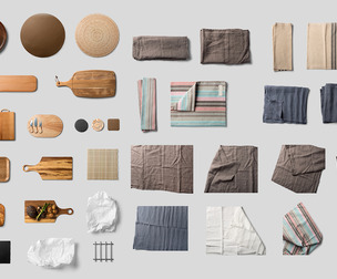 Fabric Tablecloth, Towels, Serving Board Trays PSD Kit, Cutout Wooden Platters, Linen Napkins