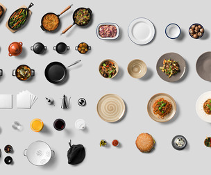 Rustic Cookware, Isolated Food Elements PSD Kit, Cast Iron Skillets, Ceramic Plates, Pasta Bowls