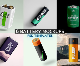 6 Premium PSD Packaging and Battery Templates, AA Battery Mockup Set, 9v Krona Battery Mockup