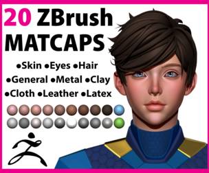 20 Zbrush Matcaps ( Materials ) Skin-Eyes-Hair-Metal-Cloth-General-Clay-Leather-Latex