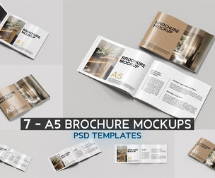 A5 Brochure Mockup PSD Bundle, 7 Open and Closed Bi-Fold Templates, Print, Editorial Design
