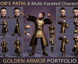 Rigged Asian Female Warrior in Golden Armor 3D Character