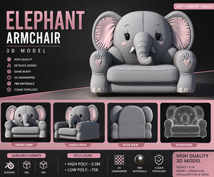 Cute Elephant Kids Armchair 3D Model – Stylized Cartoon Children’s Chair