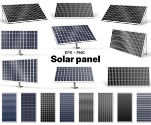 17 Solar Panel Vector EPS, Realistic Photovoltaic Energy Systems, Roof, Ground Mount Solar Modules