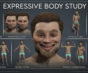 Rigged Slim Male Character Base Body Human with Beard Facial Rig