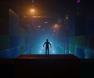Cyberpunk Industrial Container Port and Crane Scene