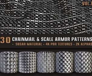 30 Chainmail & Scale Armor Patterns – SBSAR Material + 4K PBR Textures + 2K Alphas – Vol.1