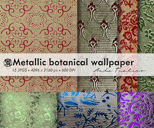 Metallic Botanical Wallpaper Set Textured Sheets 600 DPI Printable Craft Paper, Instant Download