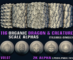 116 Organic Dragon and Creature Scale Alphas(Tileable + Single) - Vol07