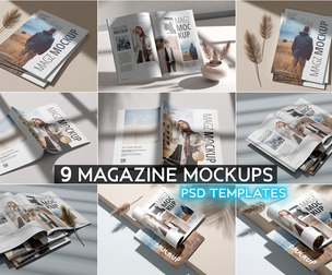 9 Magazine Editorial Mockup PSD, A4 Paper, US Letter Spreads, Journal Covers, Pages