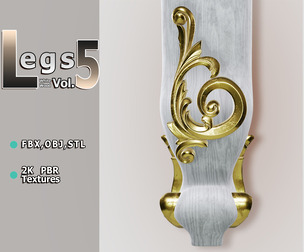 Ornate Light‑Wood Furniture Leg (Vol.5) — Pelia Studio Gold‑Scroll PBR Model