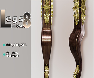 Ornate Curved Dark‑Wood Furniture Leg (Vol.8) — Pelia Studio Gold‑Leaf PBR Model