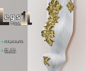 Ornate Light‑Wood Curved Furniture Leg (Vol.11) — Pelia Studio Vertical Gold‑Floral PBR Model