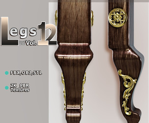 Dark‑Wood Curved Furniture Leg (Vol.12) — Pelia Studio Gold‑Medallion & Scroll PBR Model