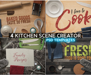 4 Kitchen Scene Creator PSD Templates, Food Branding, Culinary Flatlays, Recipe Card Mockups