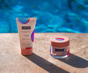 Outdoor Cosmetics Branding Mockup PSD Tempalte, Plastic Squeeze Tube, Glass Cream Jar Poolside Scene
